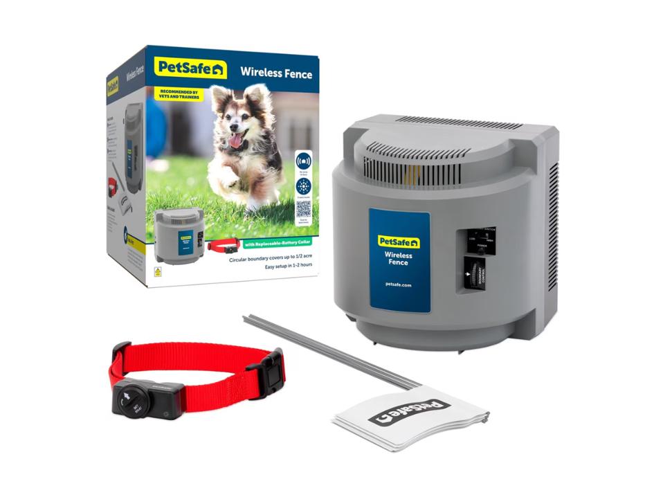PetSafe Wireless Dog Fence box red collar white flags power outlet power box on white bg
